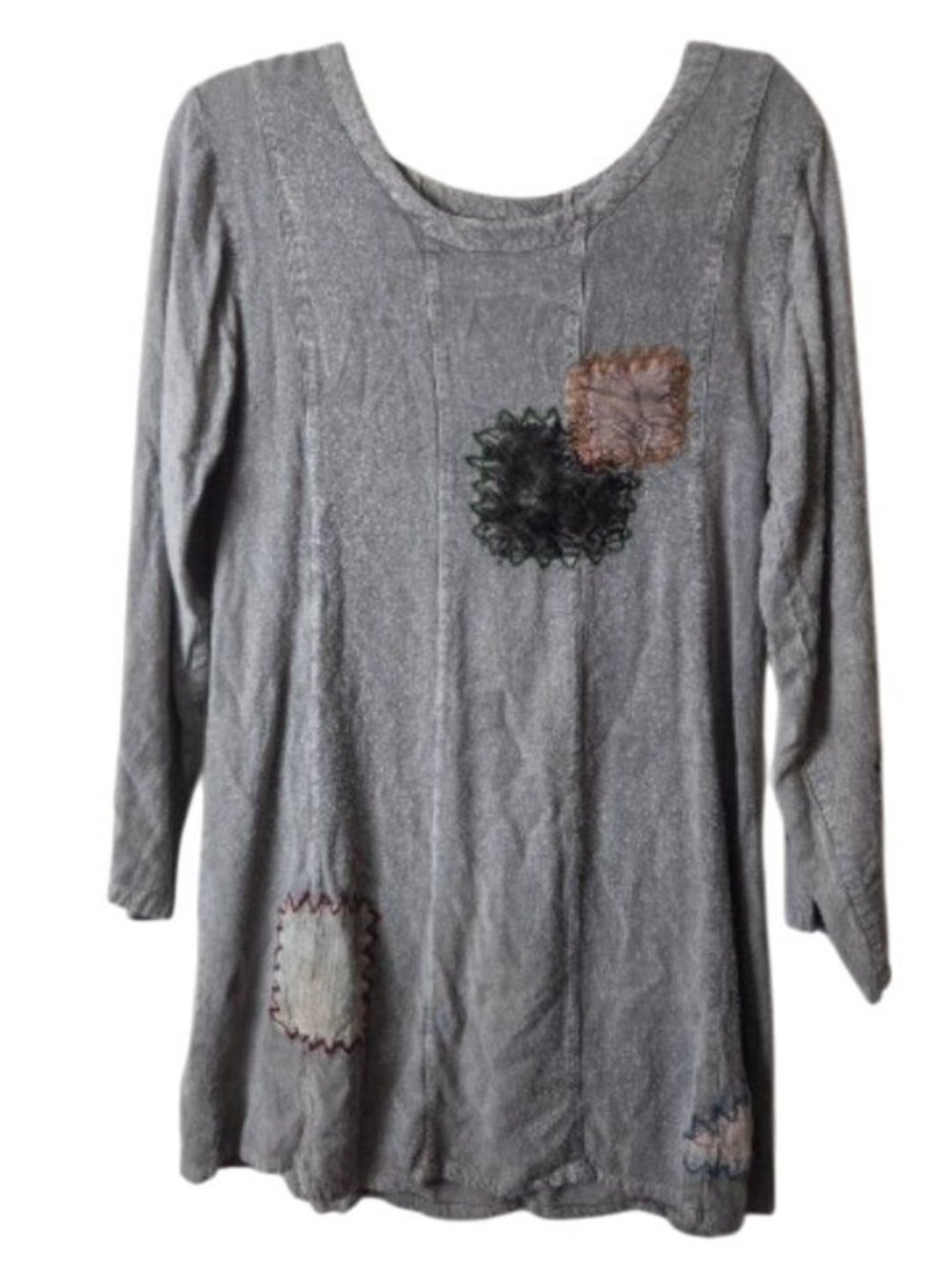 Sacred Threads Boho Patchwork Tunic Top Gray Rayon Lagenlook Fairycore Size S